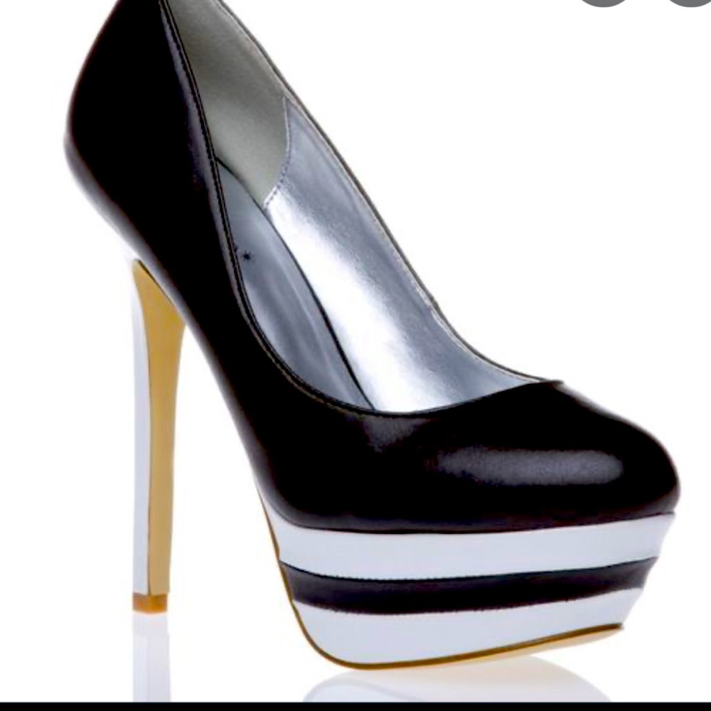 SHOEDAZZLE TAYA BLACK AND WHITE PLATFORM HEELS